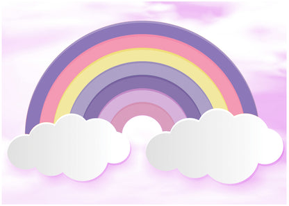 Pastel rainbow arches over fluffy white clouds against a soft pink-purple sky.