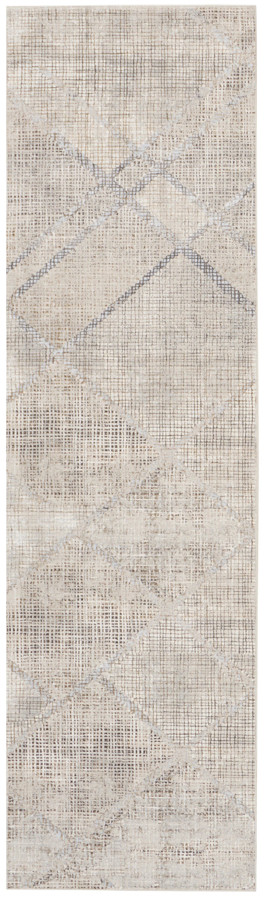 Rectangular beige runner rug with subtle gray diamond patchwork pattern.
