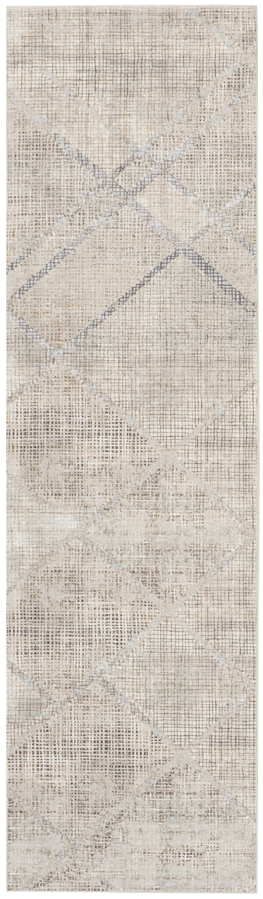 Rectangular beige runner rug with subtle gray diamond patchwork pattern.