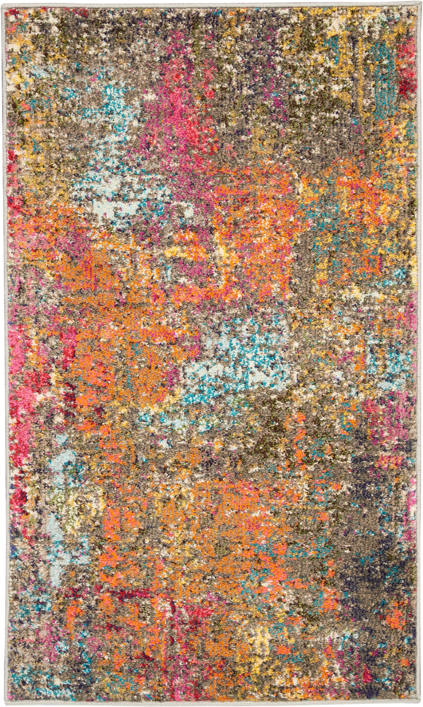 Abstract multicolor area rug with brown base and vibrant orange, pink, teal and yellow patches; plush, distressed texture.