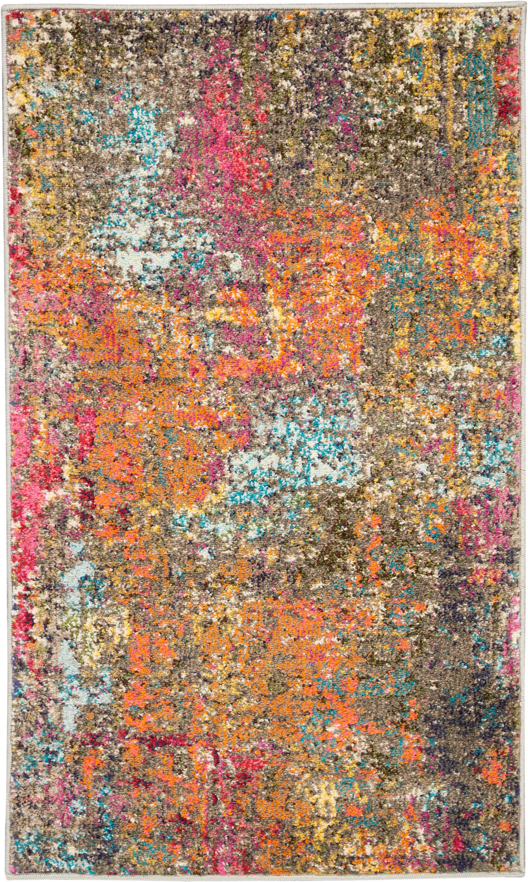Abstract multicolor area rug with brown base and vibrant orange, pink, teal and yellow patches; plush, distressed texture.