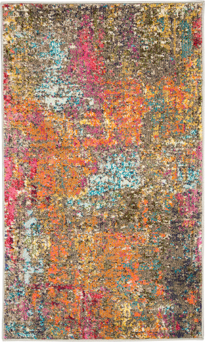 Abstract multicolor area rug with brown base and vibrant orange, pink, teal and yellow patches; plush, distressed texture.