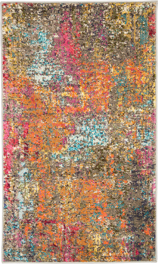 Abstract multicolor area rug with brown base and vibrant orange, pink, teal and yellow patches; plush, distressed texture.