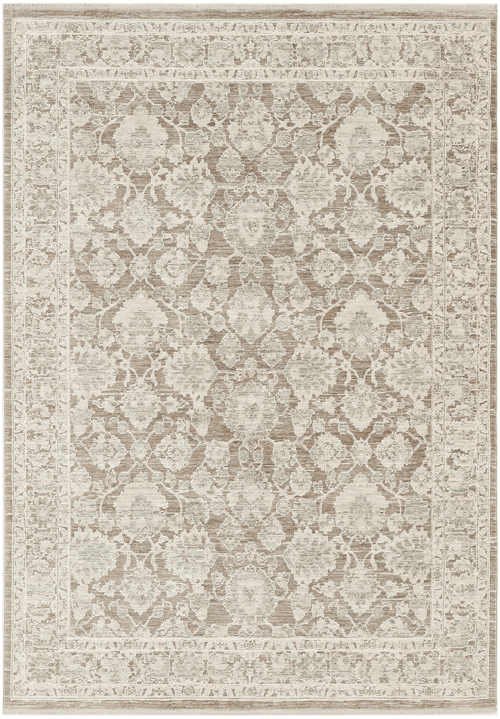 Neutral beige ivory area rug with intricate damask pattern and antique-style border; traditional living room rug.
