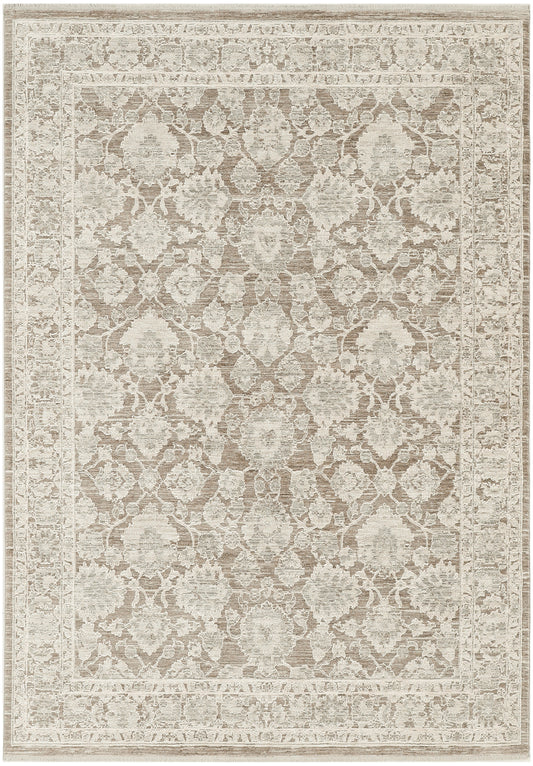 Neutral beige ivory area rug with intricate damask pattern and antique-style border; traditional living room rug.