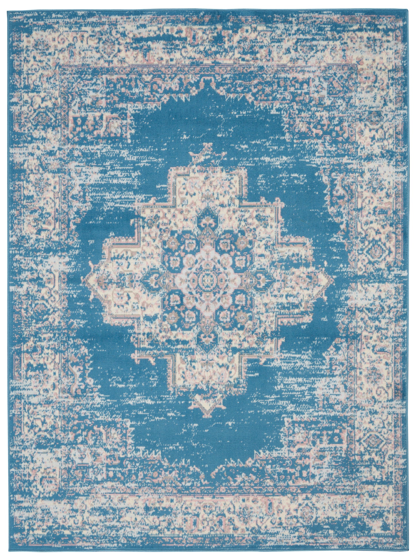 Blue distressed area rug with cream ivory oriental center medallion and ornate border.