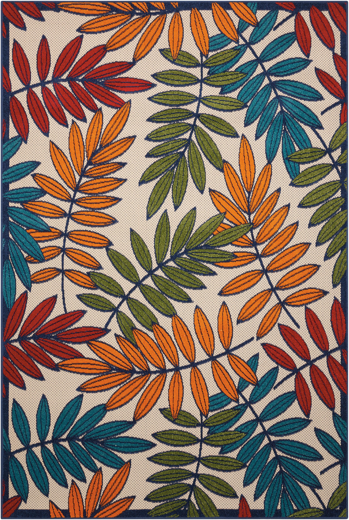 Vibrant woven rug with orange, teal, olive green and red leaf motifs on beige background; navy border.