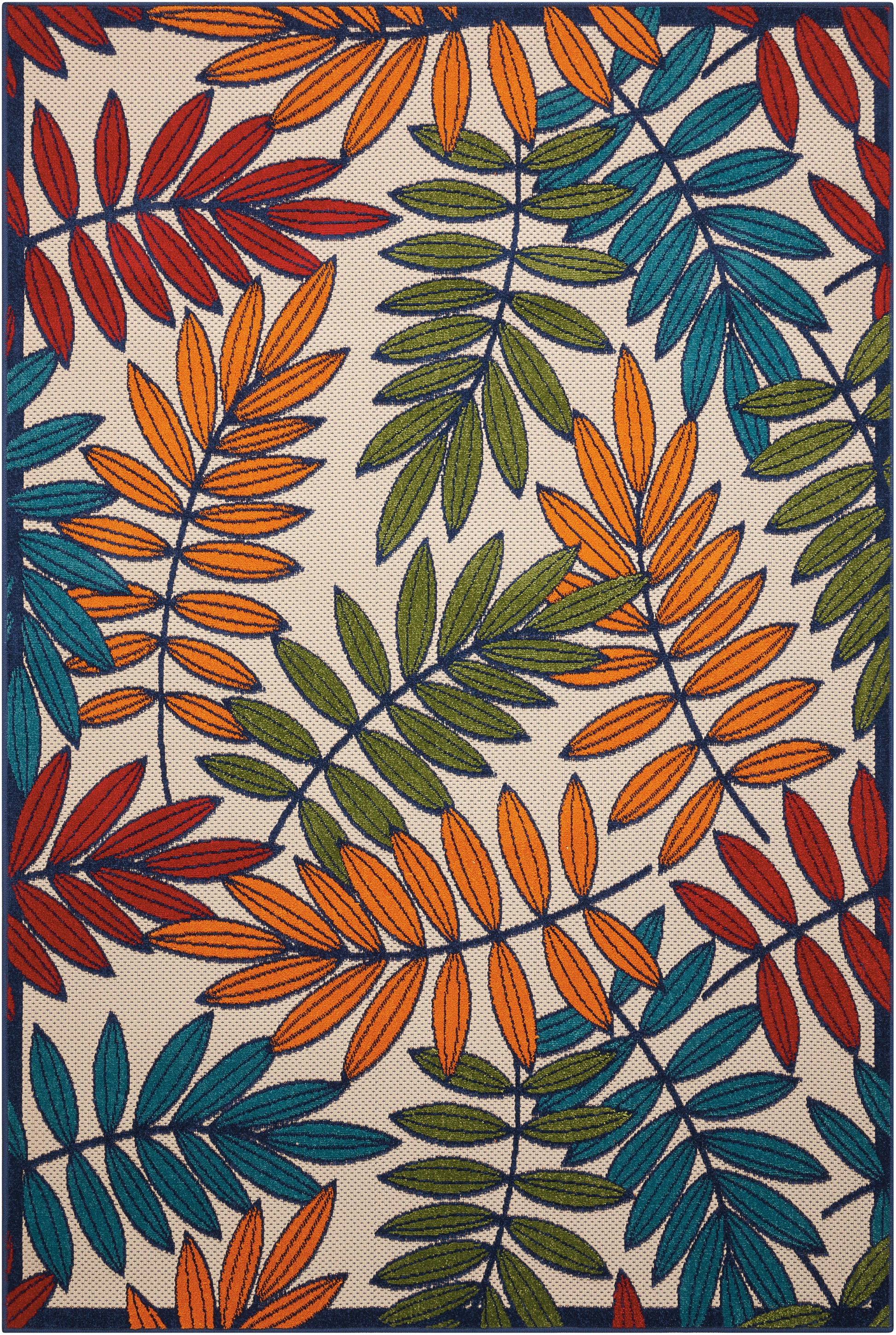 Vibrant woven rug with orange, teal, olive green and red leaf motifs on beige background; navy border.