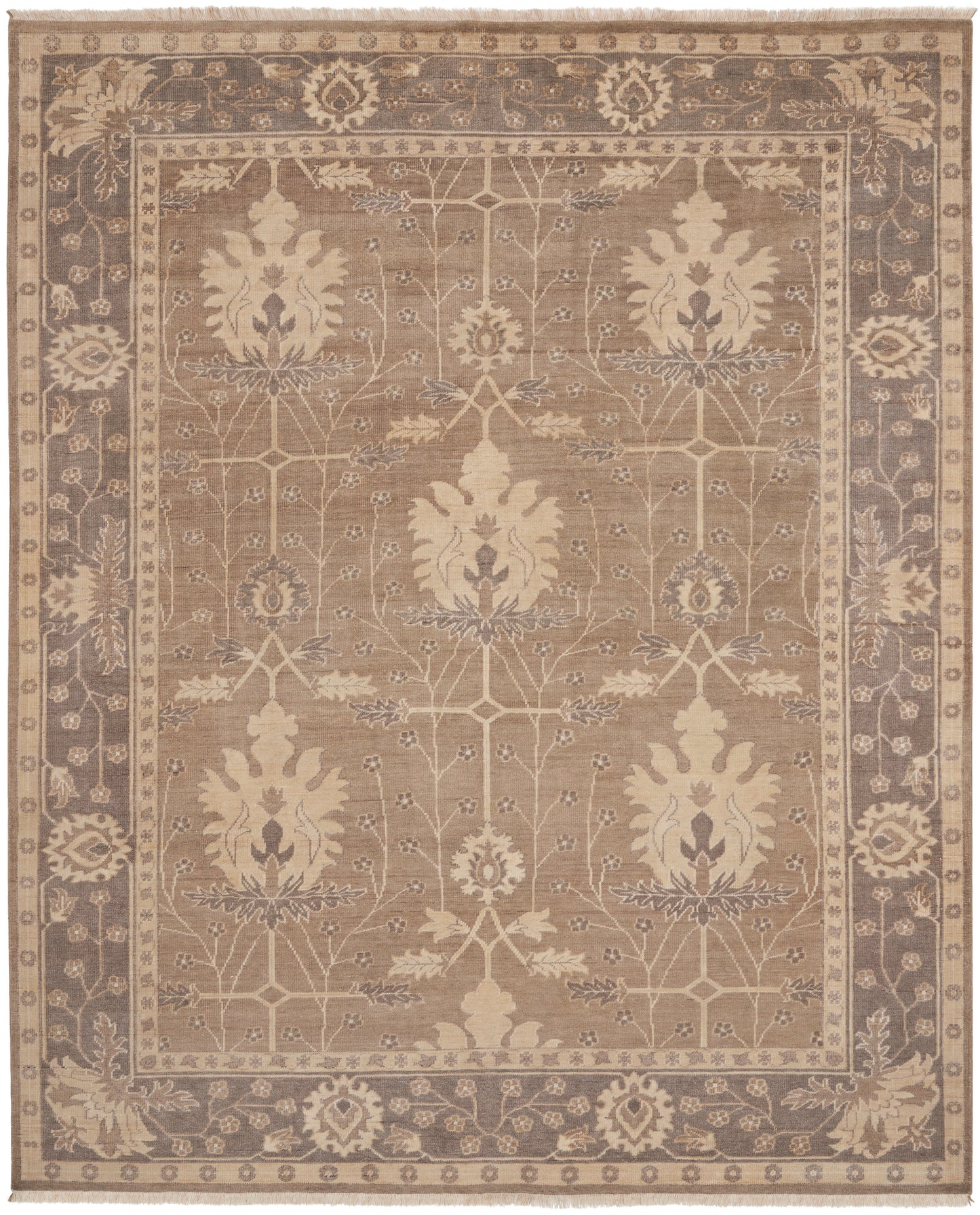 Rectangular traditional oriental rug with taupe center, cream floral motifs and gray border; elegant living room floor rug.