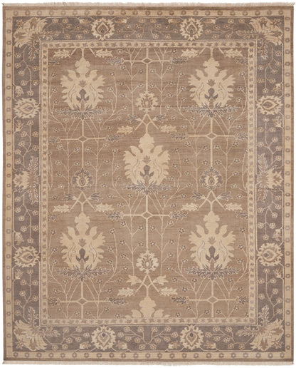 Rectangular traditional oriental rug with taupe center, cream floral motifs and gray border; elegant living room floor rug.
