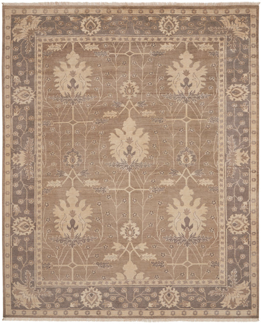 Rectangular traditional oriental rug with taupe center, cream floral motifs and gray border; elegant living room floor rug.