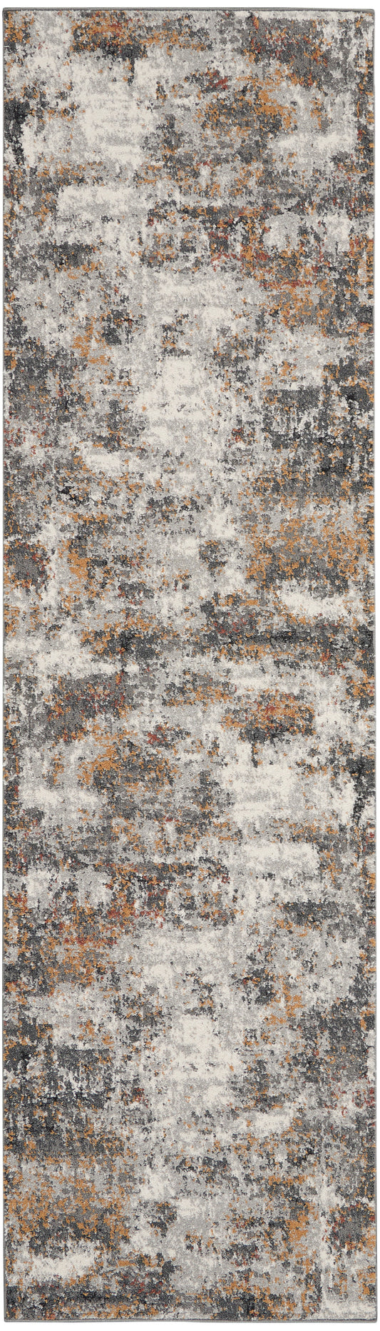 Abstract distressed runner rug in gray, ivory, and burnt orange tones with a plush mottled pattern.