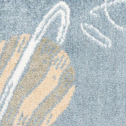 Close-up of a blue-gray textured rug with abstract beige and white curved strokes, modern cozy decor.