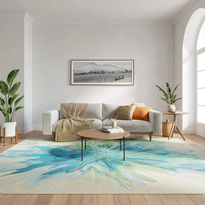 Modern living room: gray sofa, beige throw, orange cushion, round wood coffee table, blue-green abstract rug, plants.