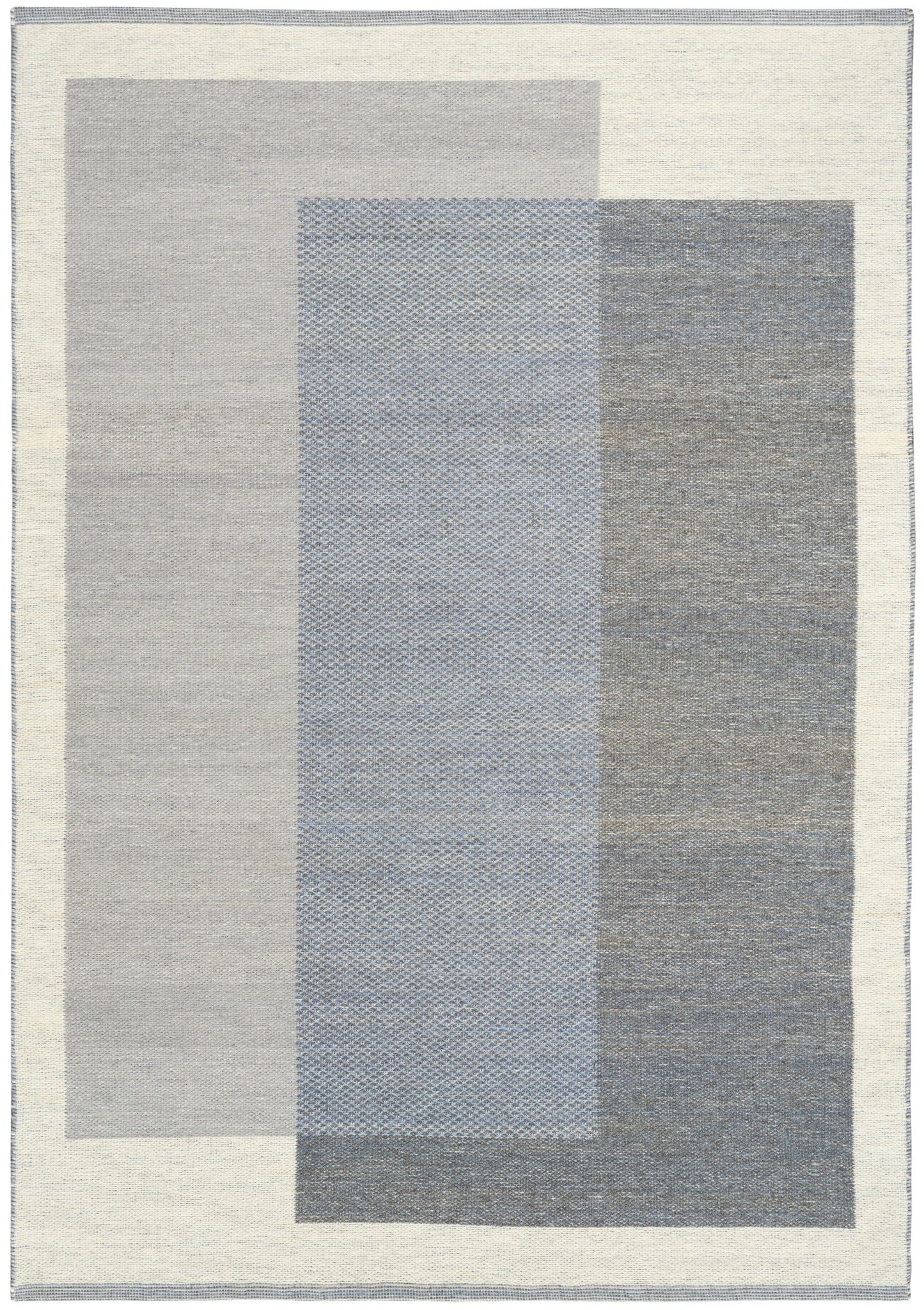 Modern geometric rug featuring overlapping gray and blue rectangles in cool tones with a cream border.