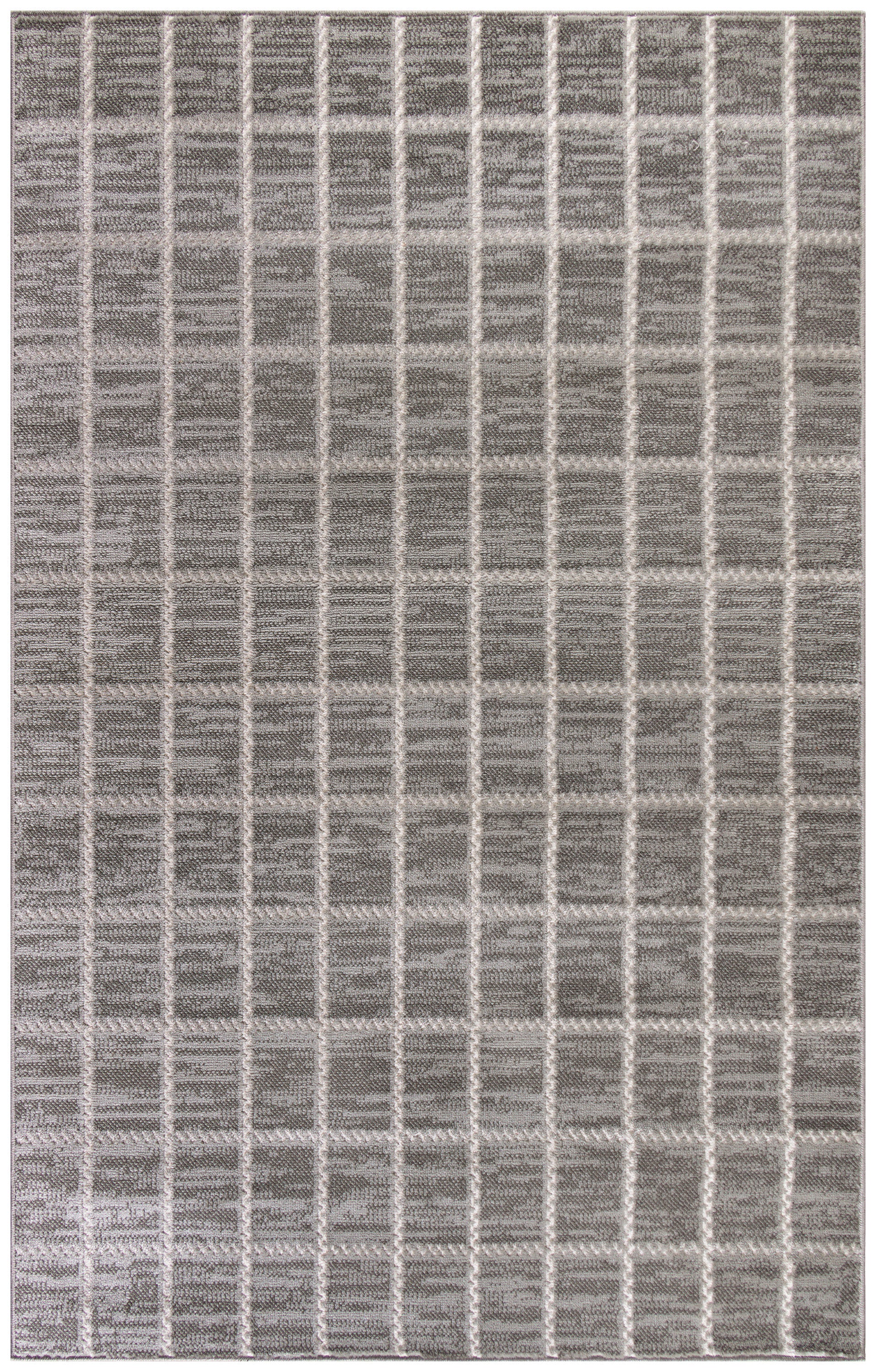 Gray rug with a subtle light beige grid pattern; rectangular, low-pile area rug for living spaces.