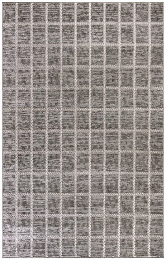 Gray rug with a subtle light beige grid pattern; rectangular, low-pile area rug for living spaces.