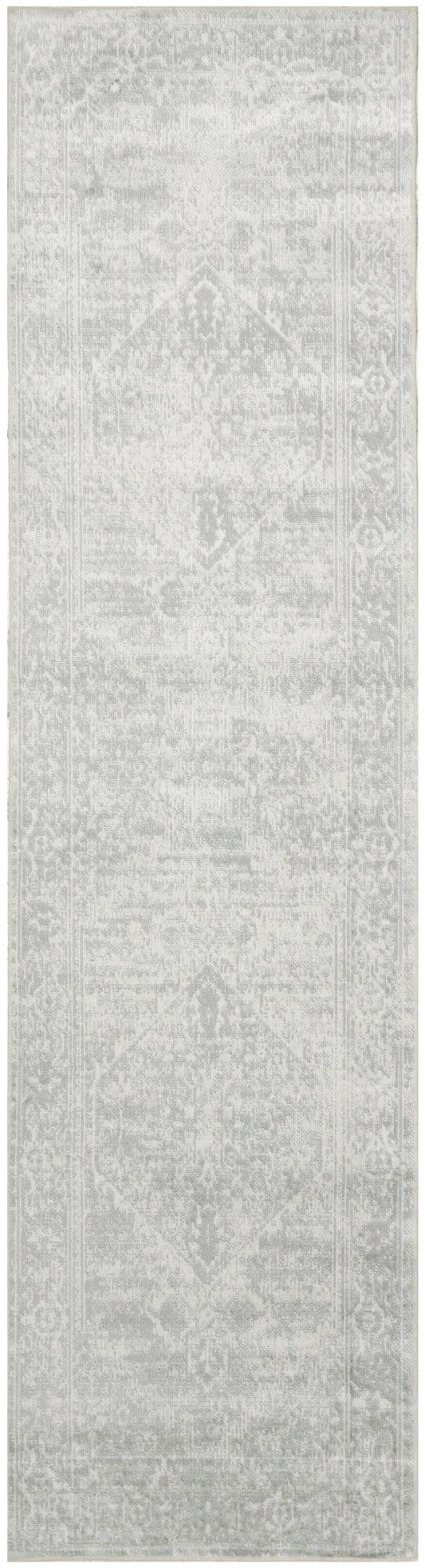 Light gray runner rug with faded traditional geometric medallion pattern; soft pile, ideal for hallways or entryways.