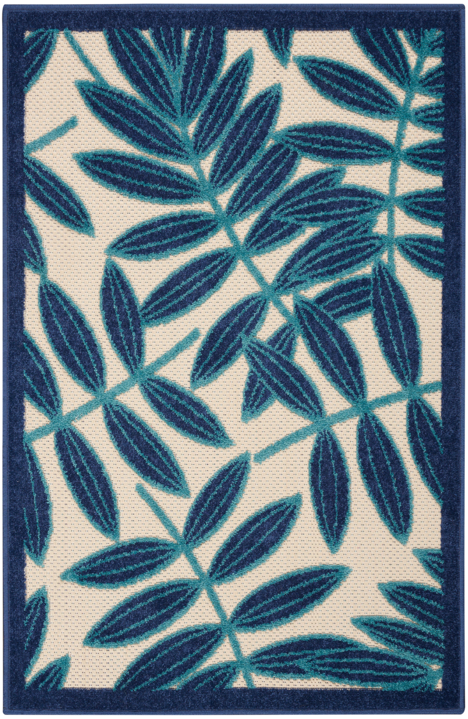 Rectangular rug with teal and navy blue botanical leaves on cream background & deep navy border.