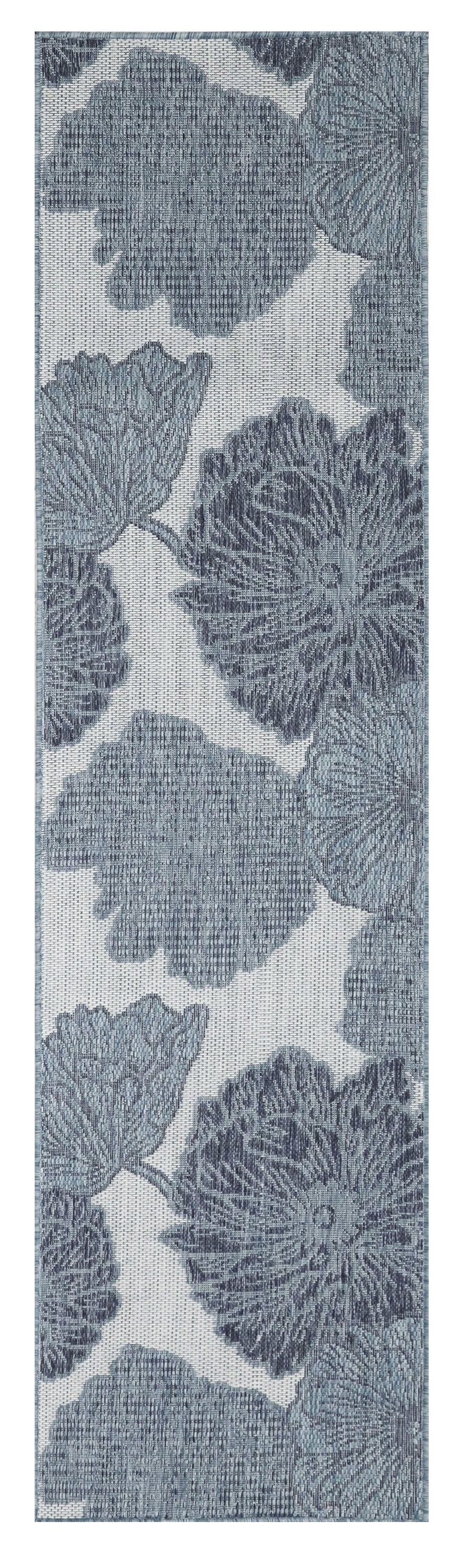 Blue-gray woven floral fabric swatch with large blooms on light background; versatile upholstery or drapery use.