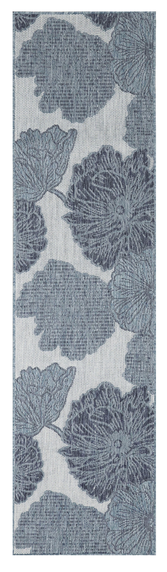 Blue-gray woven floral fabric swatch with large blooms on light background; versatile upholstery or drapery use.