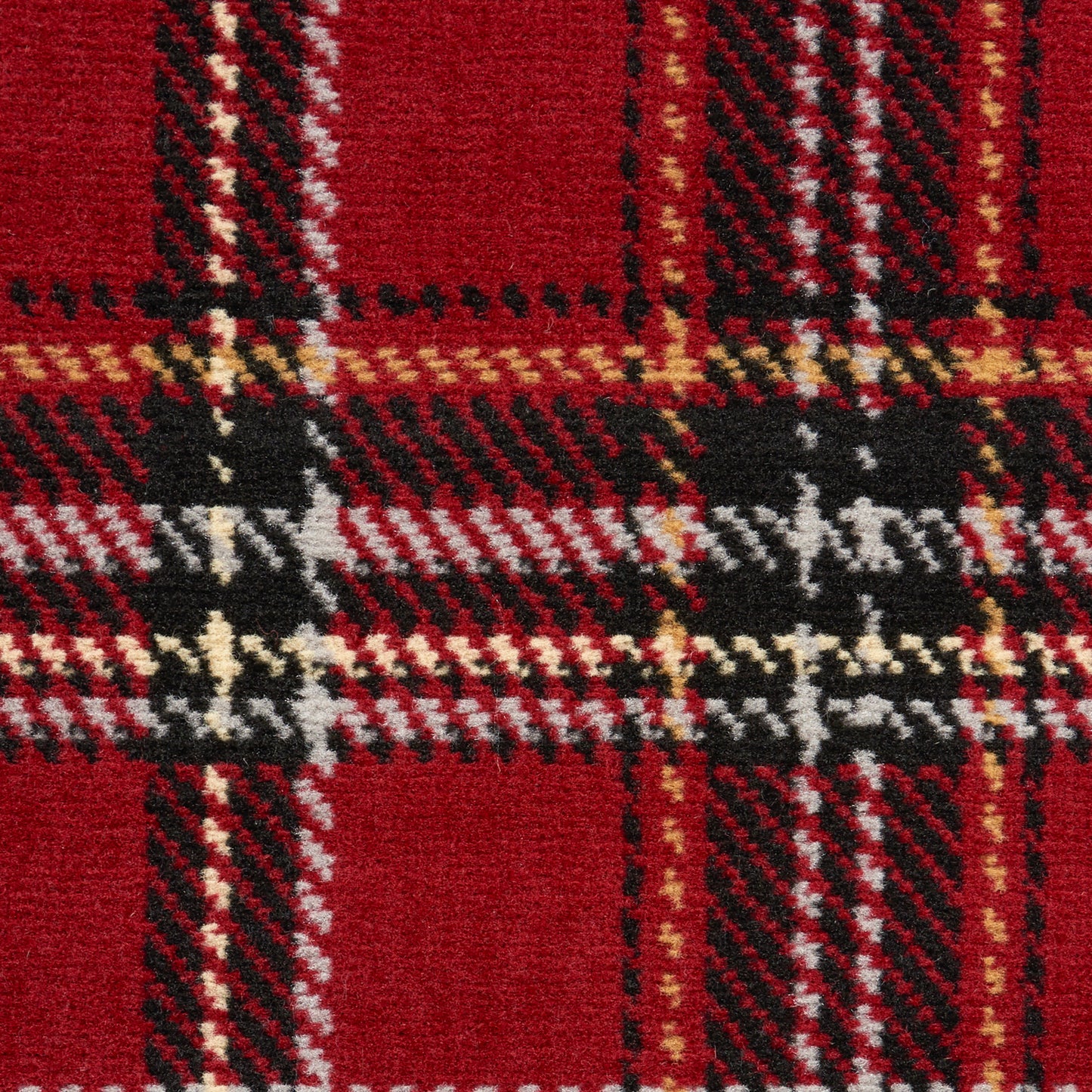 Red plaid wool rug with black, white and gold checks in a tartan pattern.
