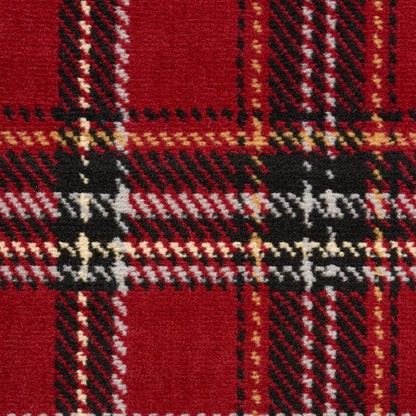 Red plaid wool rug with black, white and gold checks in a tartan pattern.