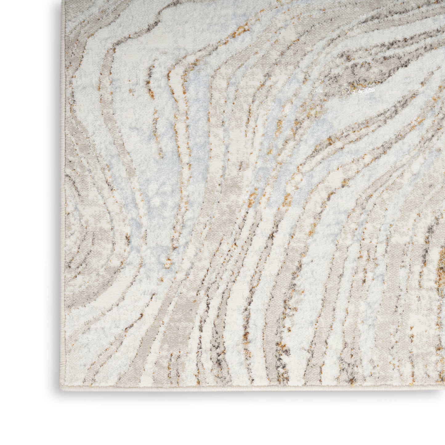 Close-up of a cream-beige abstract rug with wavy taupe and light blue lines and subtle gold accents.