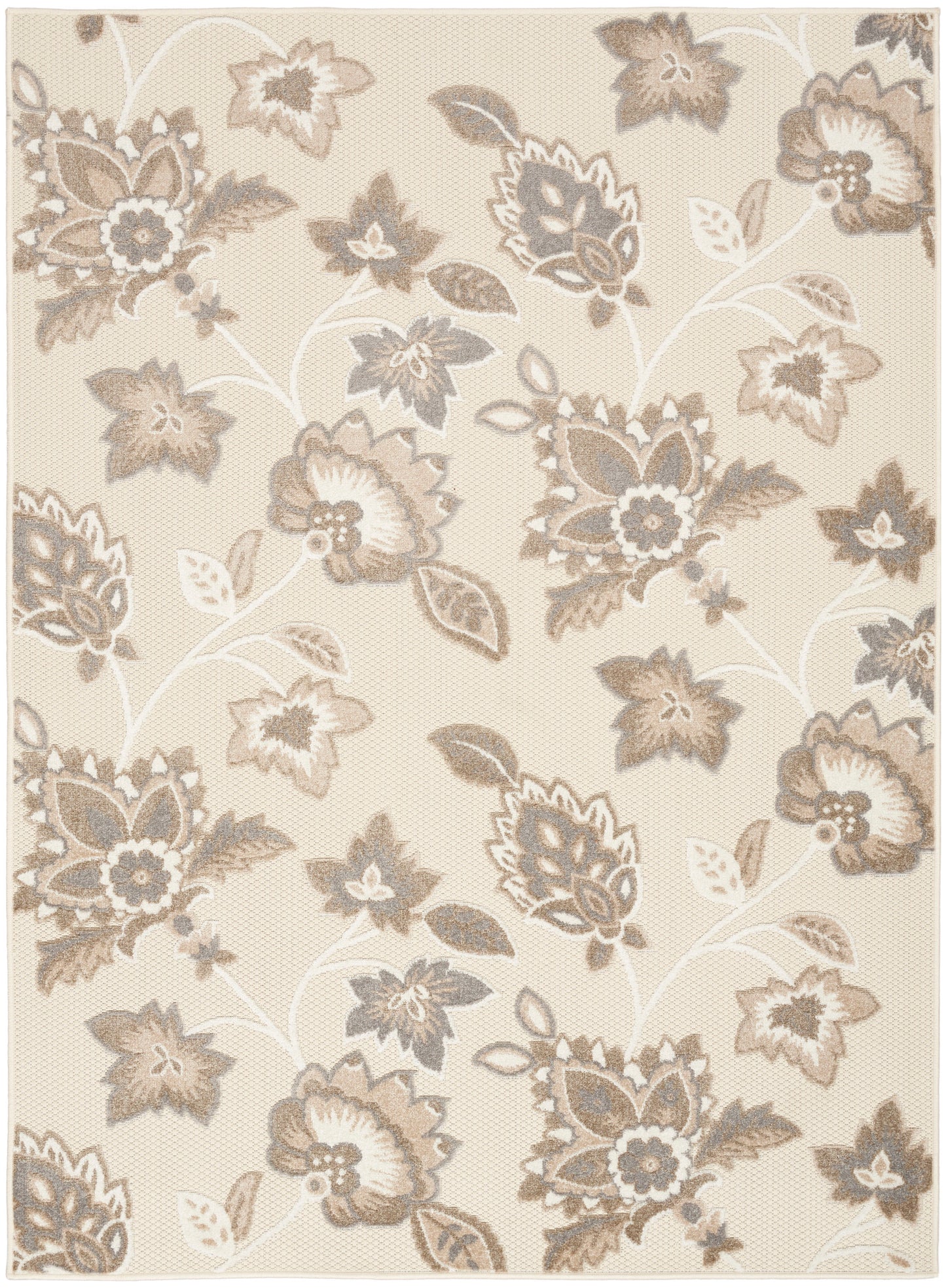 Beige area rug with taupe-gray floral damask pattern and subtle leaf motifs.