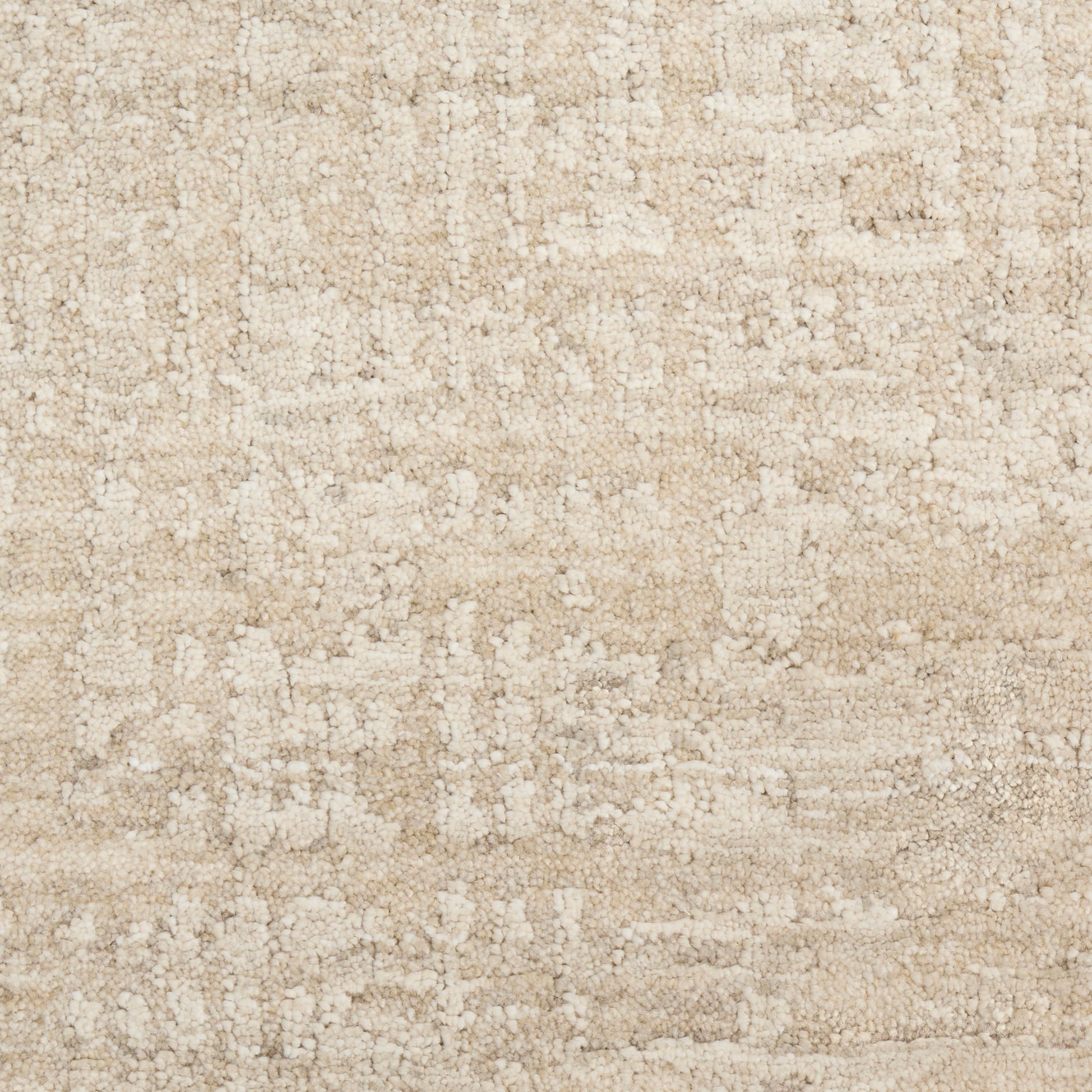 Beige textured area rug with soft cream-tan patches in an abstract, woven pattern.