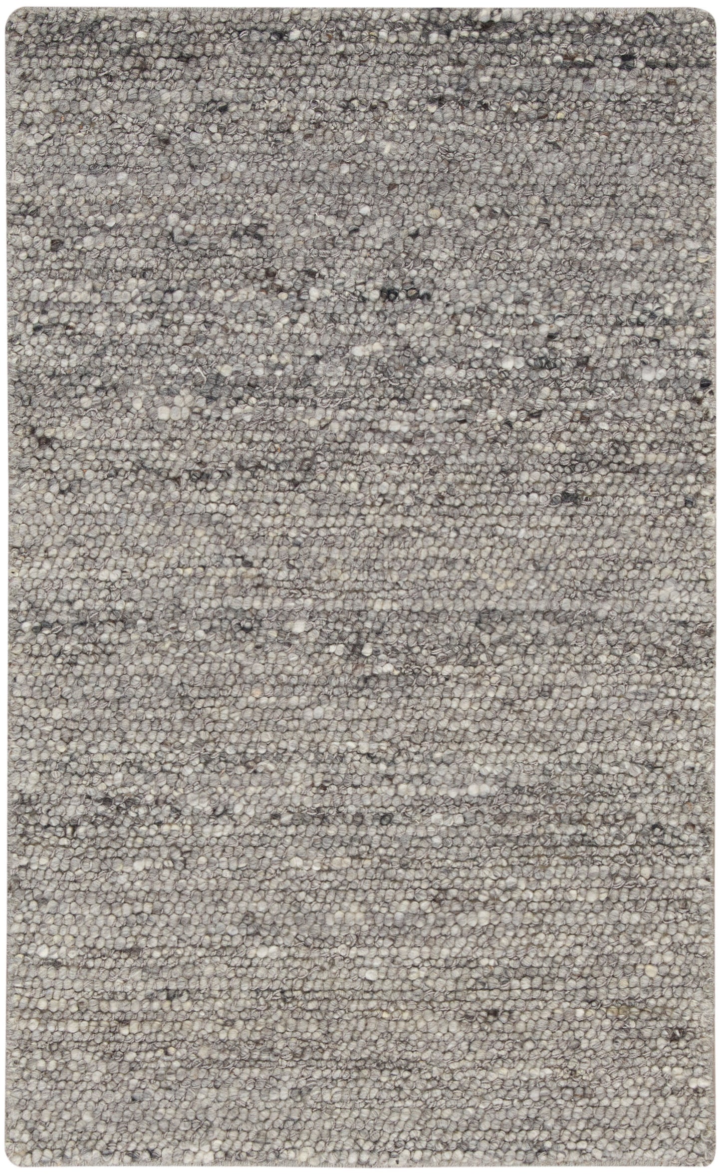 Grey speckled textured rug with loop-pile, neutral tones; rectangular, modern rug for living room or bedroom.