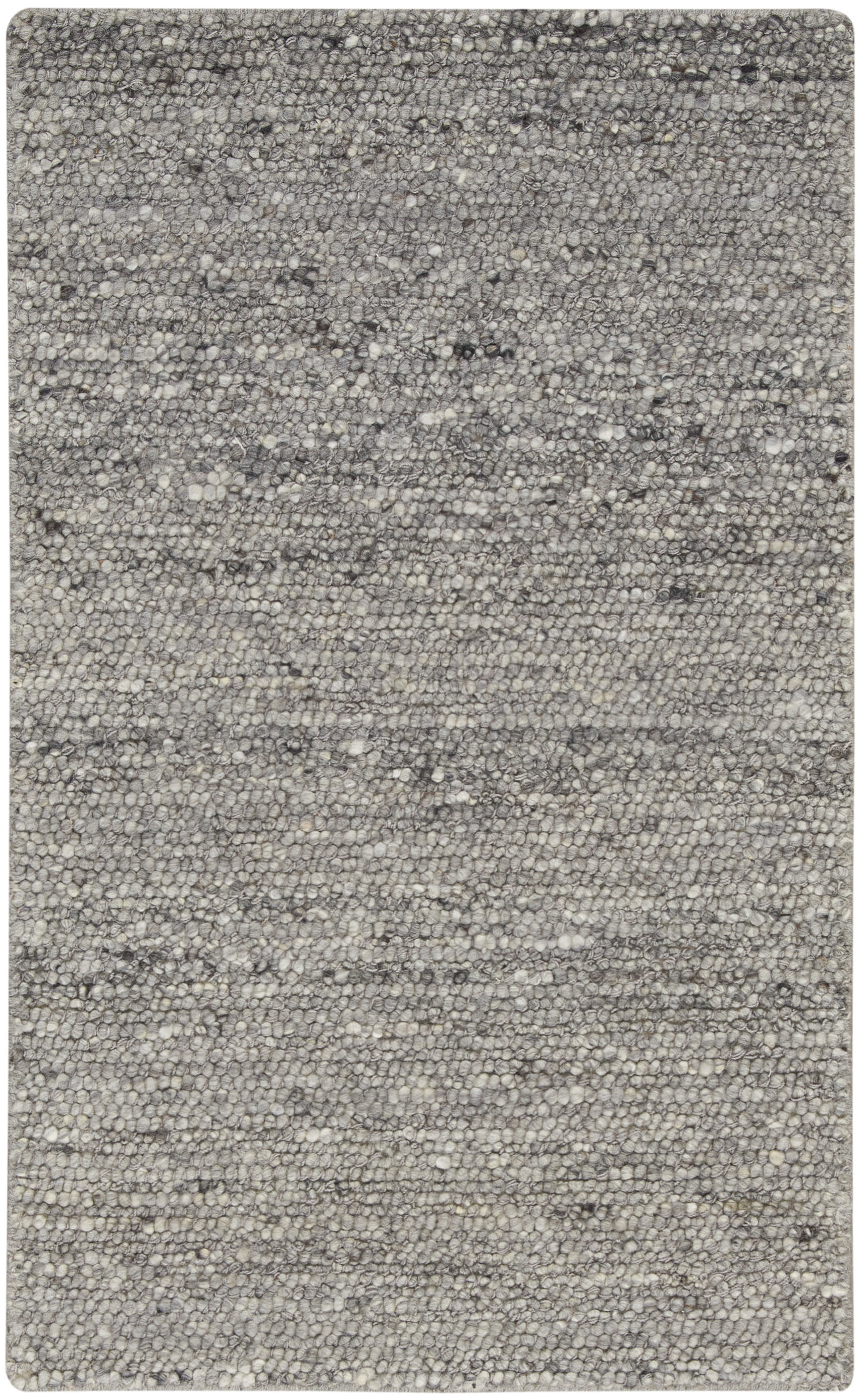Grey speckled textured rug with loop-pile, neutral tones; rectangular, modern rug for living room or bedroom.