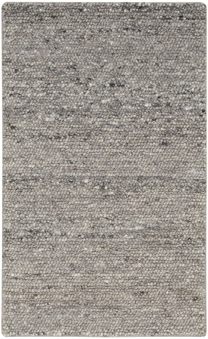 Grey speckled textured rug with loop-pile, neutral tones; rectangular, modern rug for living room or bedroom.