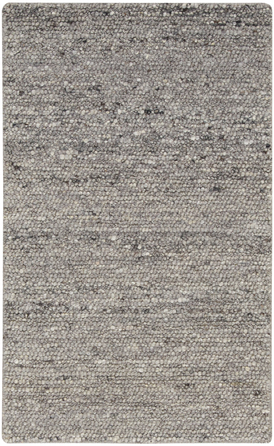 Grey speckled textured rug with loop-pile, neutral tones; rectangular, modern rug for living room or bedroom.
