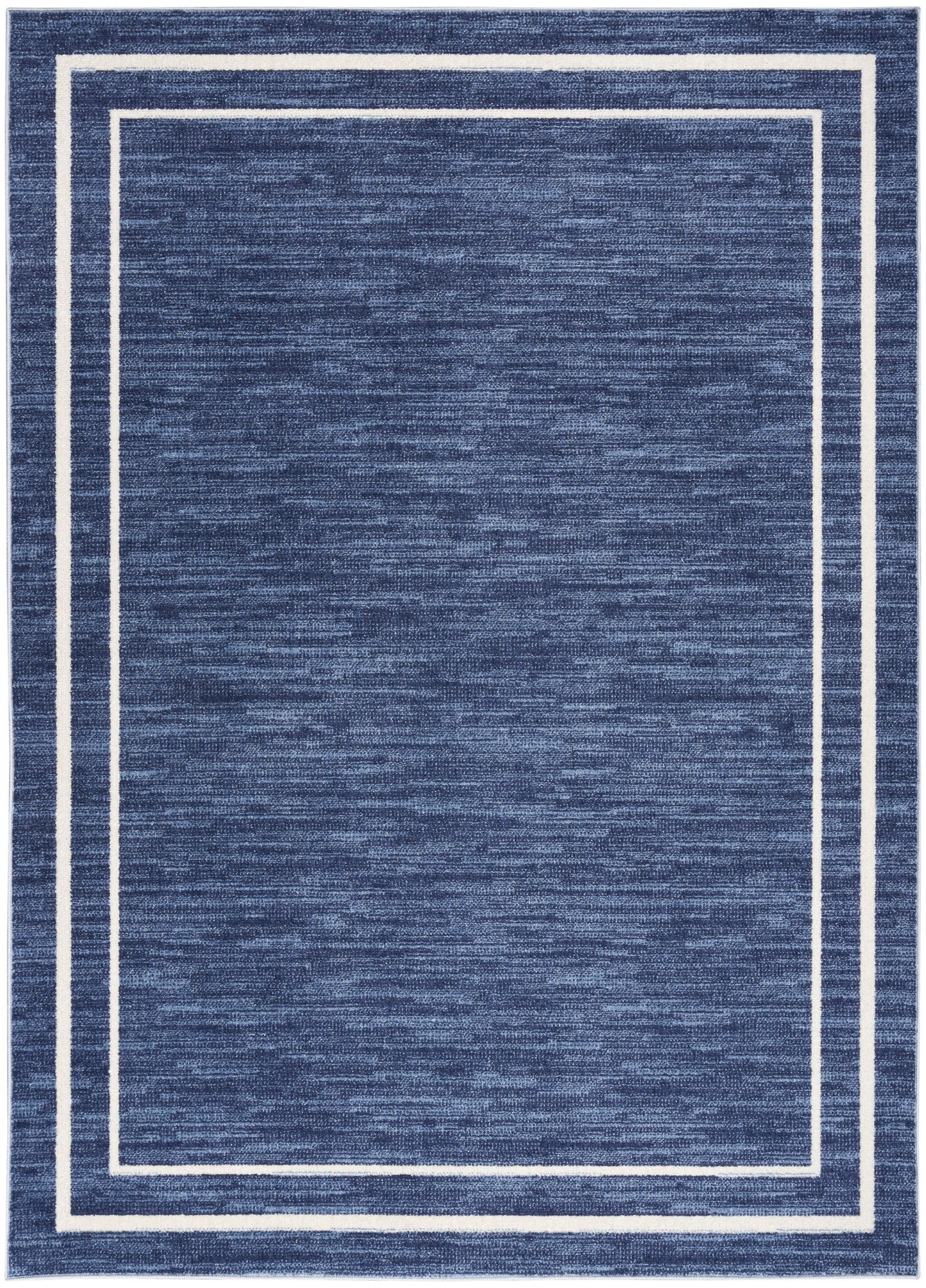Rectangular deep-blue textured rug with double white border bands for a modern look.