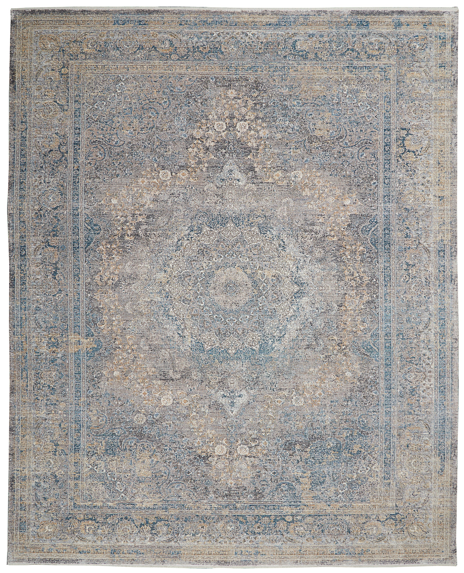 Blue-gray distressed Persian-style rug with central medallion, ornate cream patterns and bordered frame.