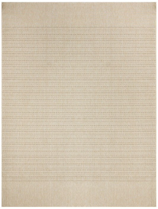 Beige woven rug with subtle horizontal stripes and textured, natural-looking surface.