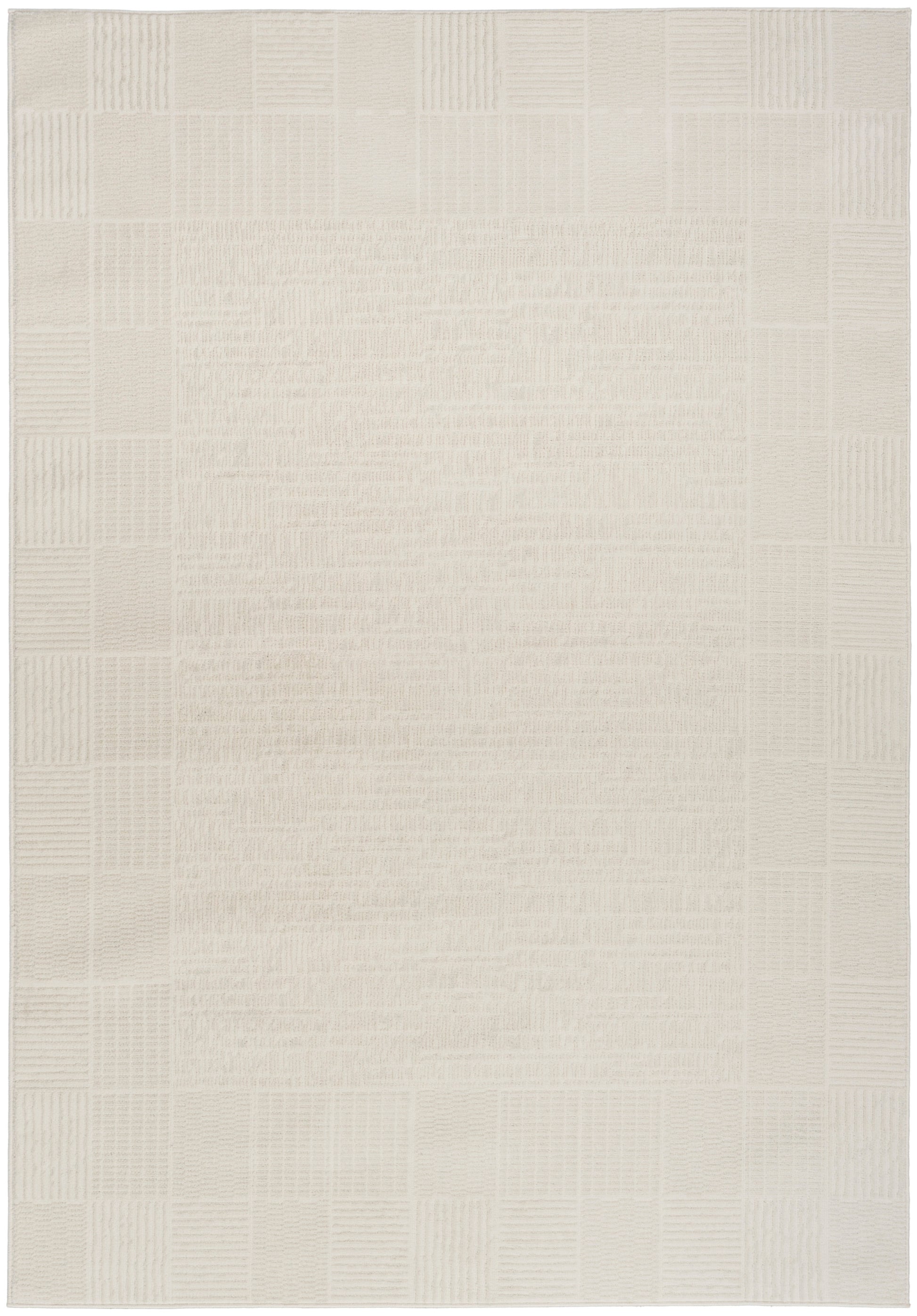 Cream-beige rectangular rug with a textured center and grid-patterned border; woven, neutral decor for living spaces.