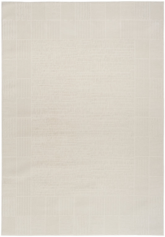 Cream-beige rectangular rug with a textured center and grid-patterned border; woven, neutral decor for living spaces.