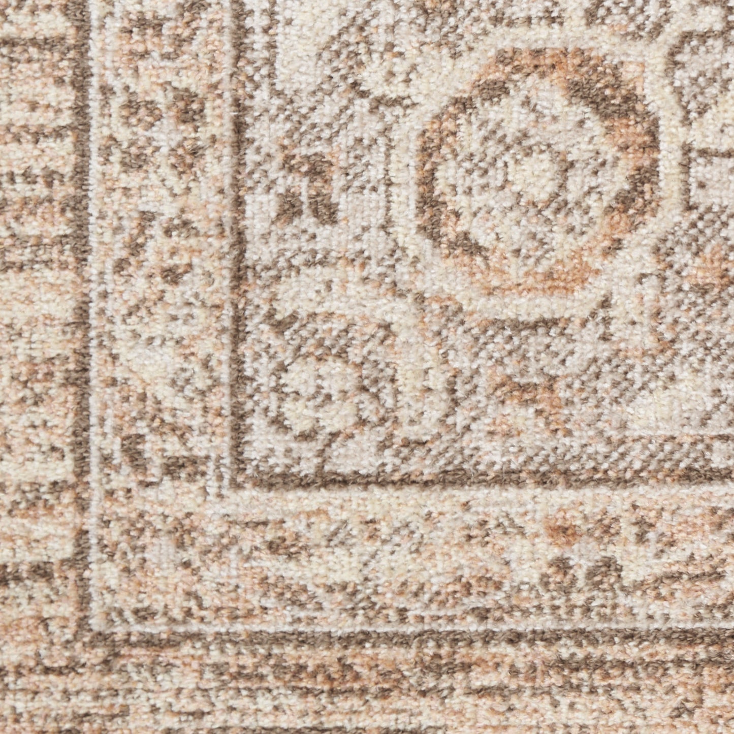 Beige and taupe ornate Persian-style area rug with floral medallions and decorative border.