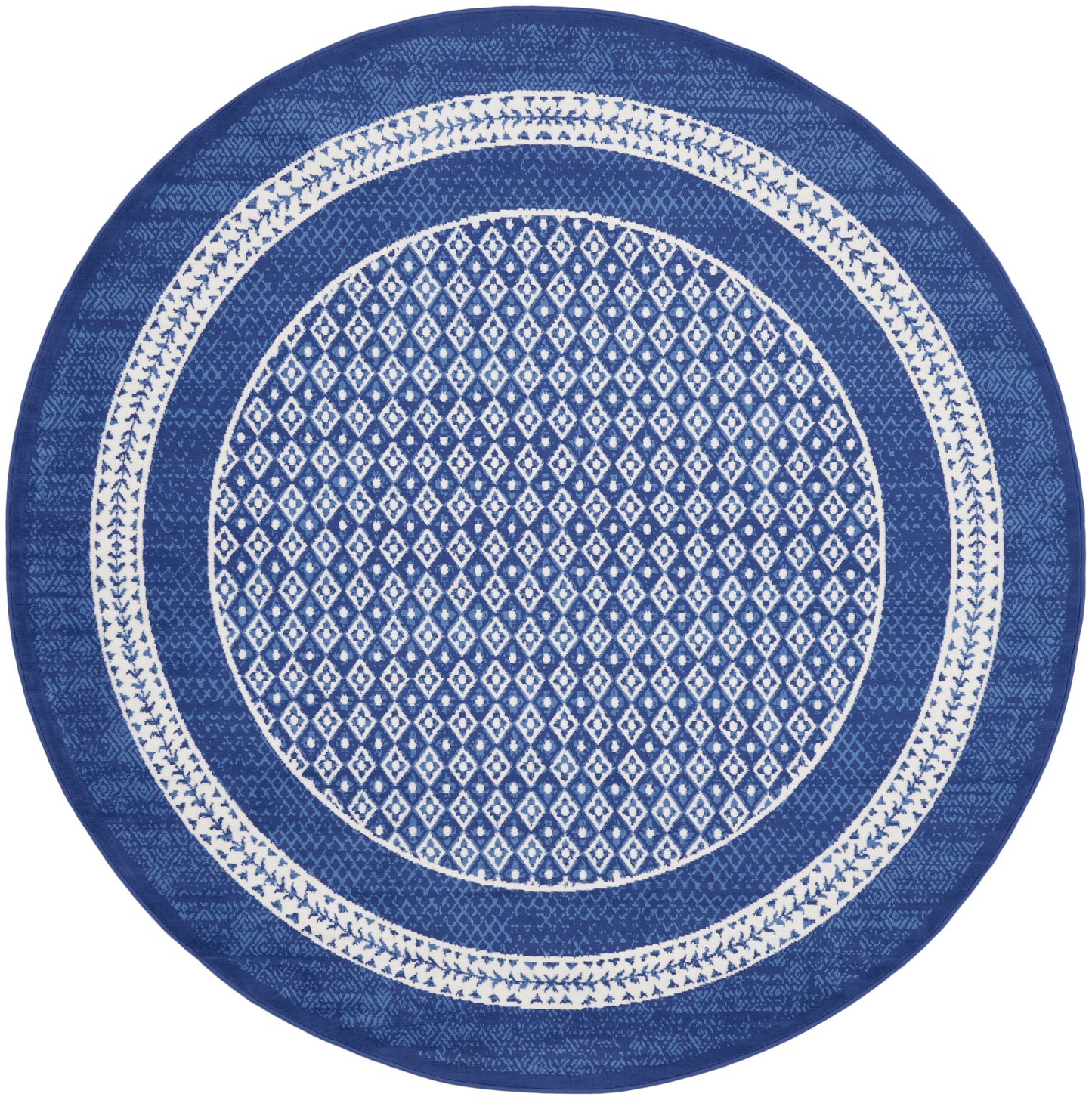 Round blue placemat with white diamond lattice center and white decorative rings, ideal for place settings.