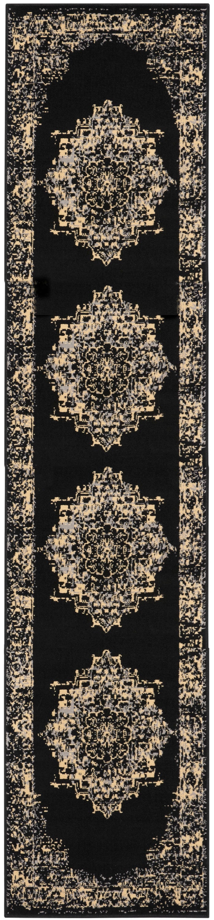 Black hallway runner rug with a vertical line of gold ornate medallions on a black field and distressed gold border.