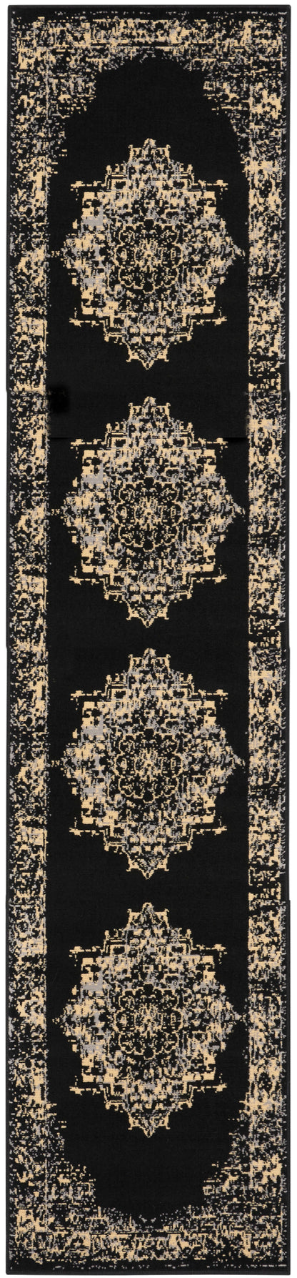 Black hallway runner rug with a vertical line of gold ornate medallions on a black field and distressed gold border.