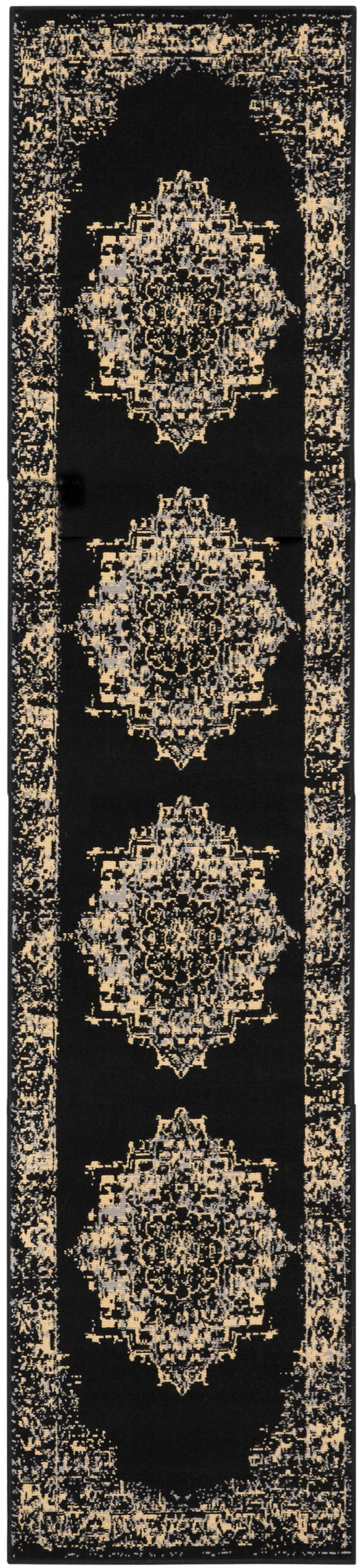 Black hallway runner rug with a vertical line of gold ornate medallions on a black field and distressed gold border.