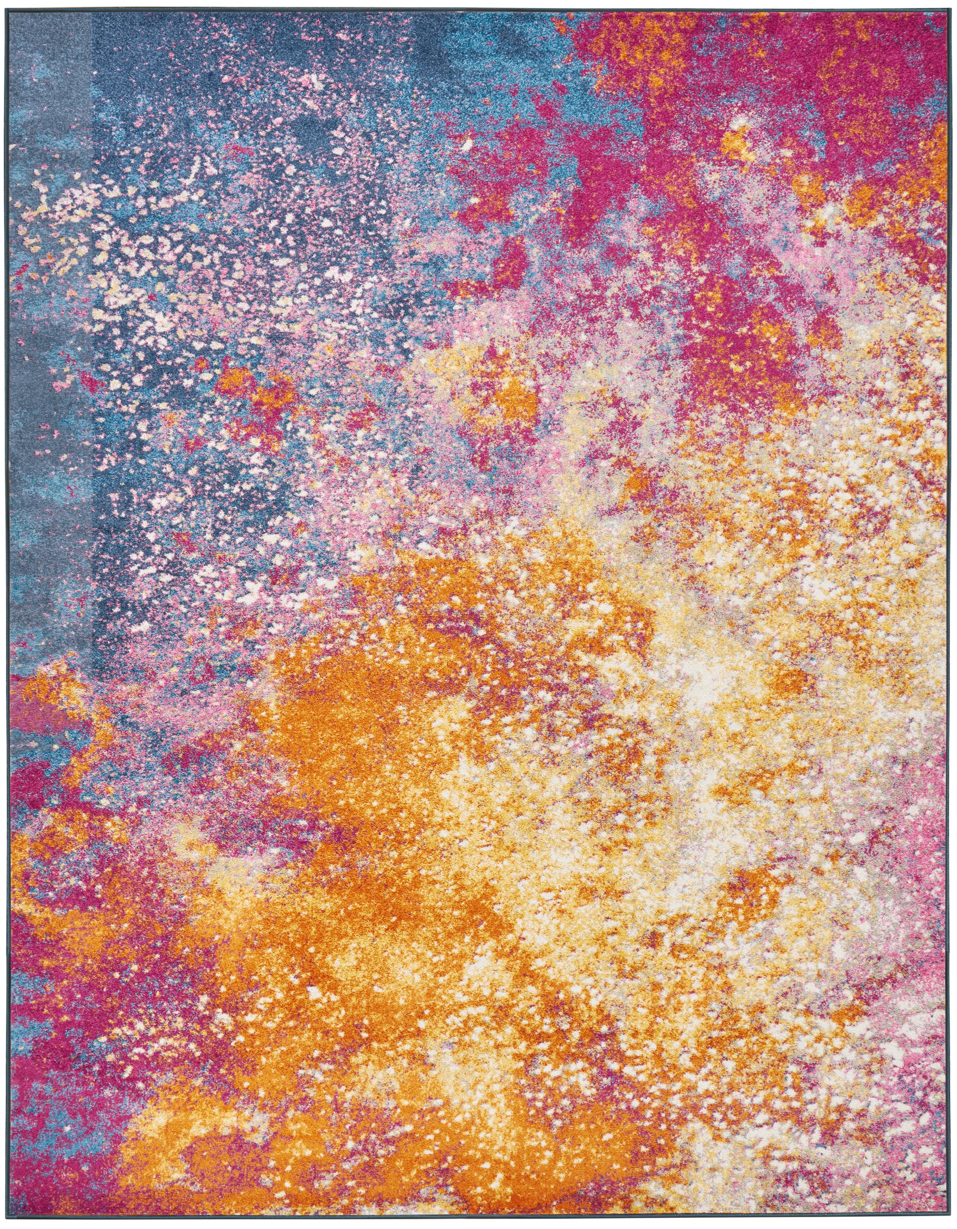 Abstract multicolor area rug featuring orange, pink, purple and blue splashes with white speckles.