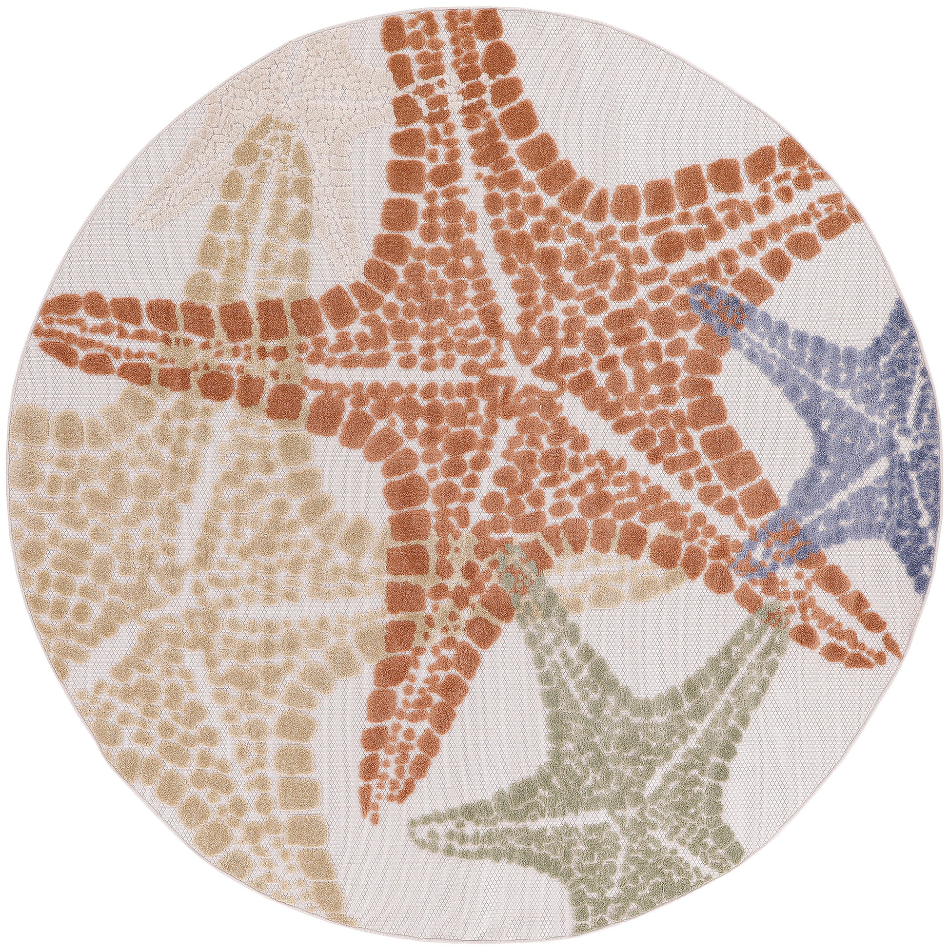 Round outdoor rug with a multi-color starfish motif in orange, beige, green and blue.
