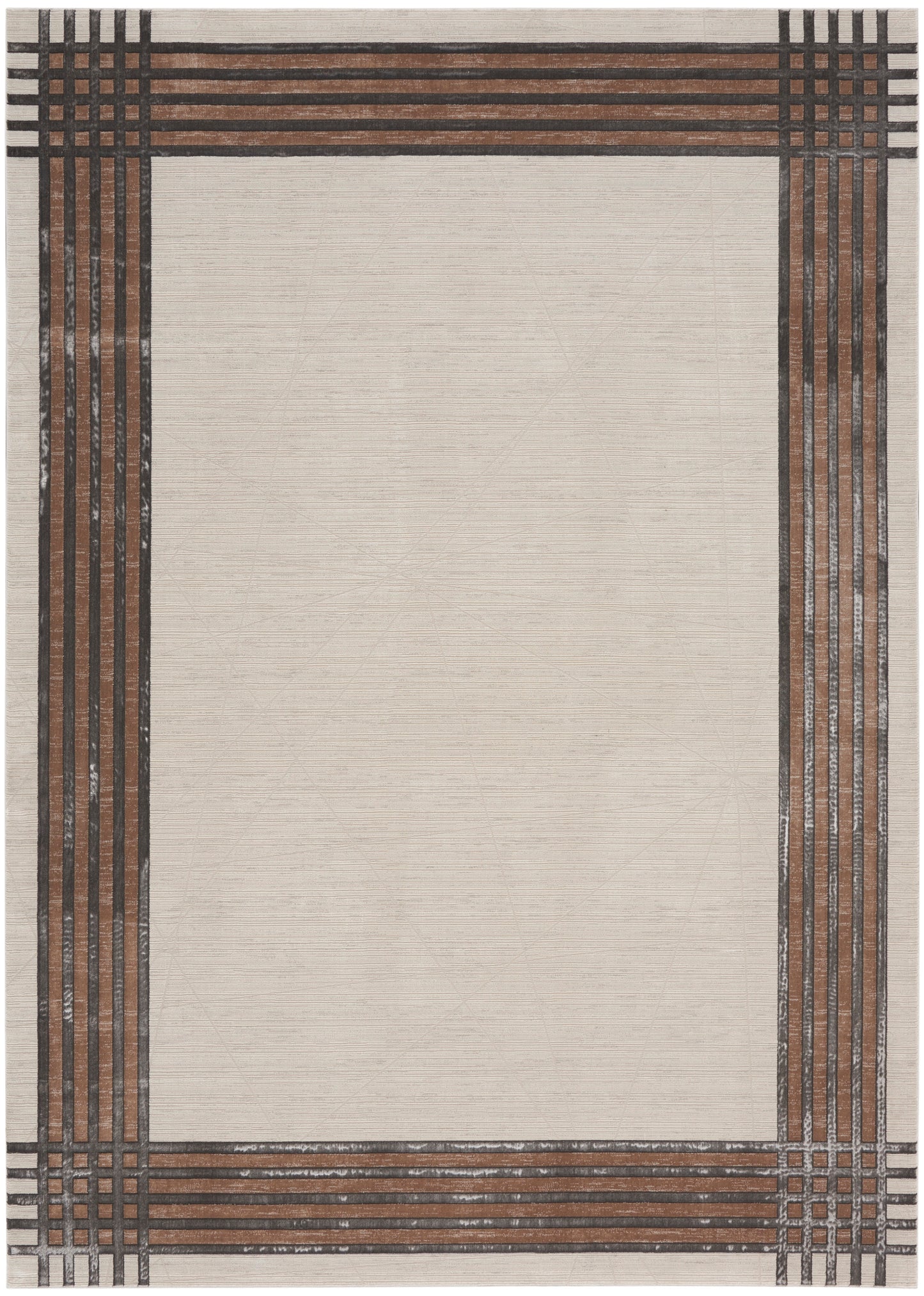 Beige rectangular rug with dark brown striped border, woven flatweave style, neutral home decor.