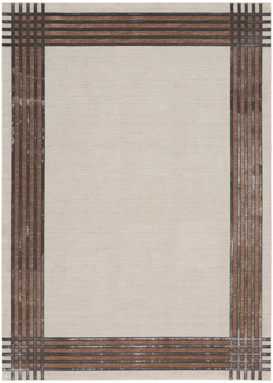 Beige rectangular rug with dark brown striped border, woven flatweave style, neutral home decor.