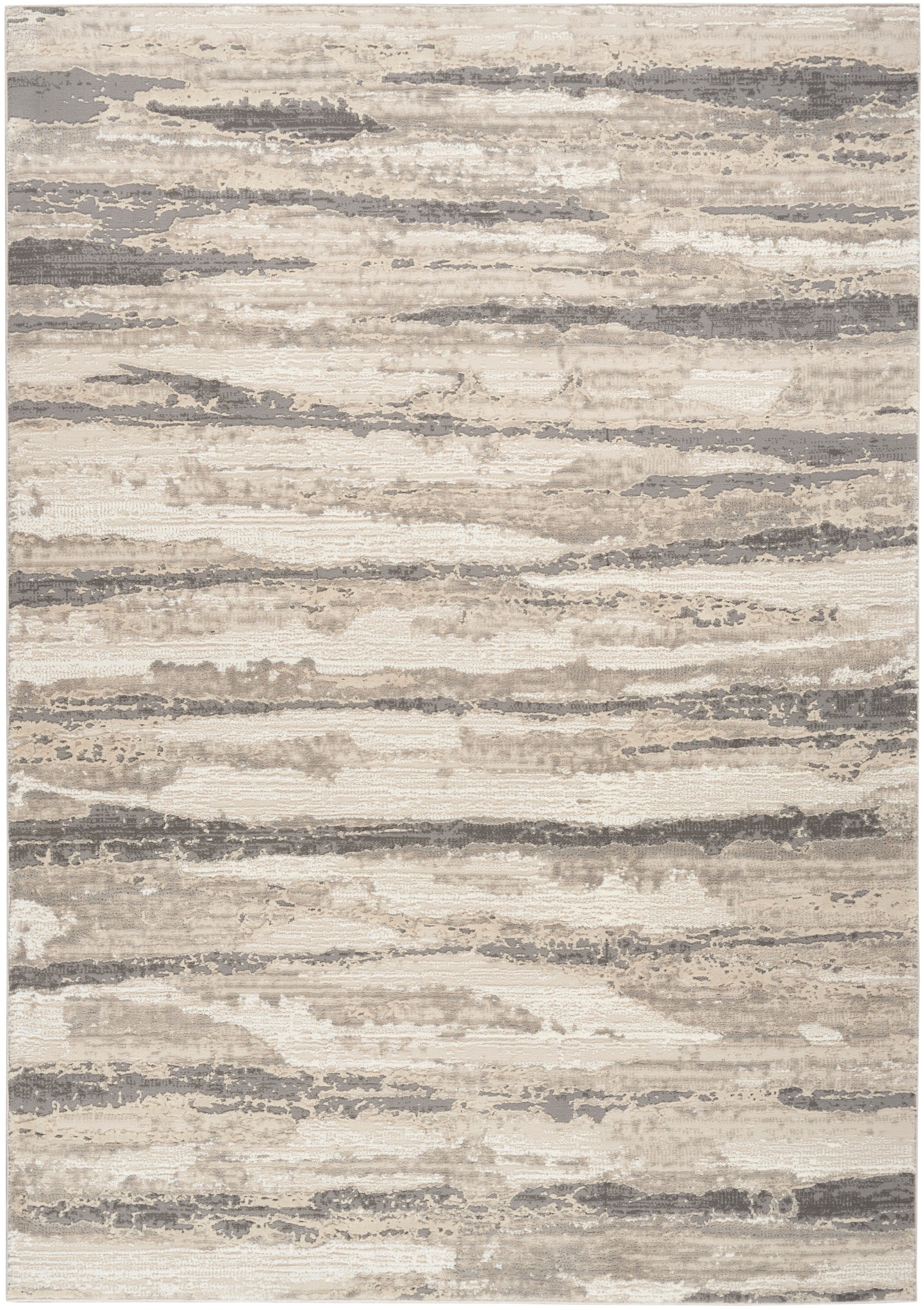 Neutral beige and gray abstract area rug with uneven horizontal brushstroke pattern; modern, soft pile.