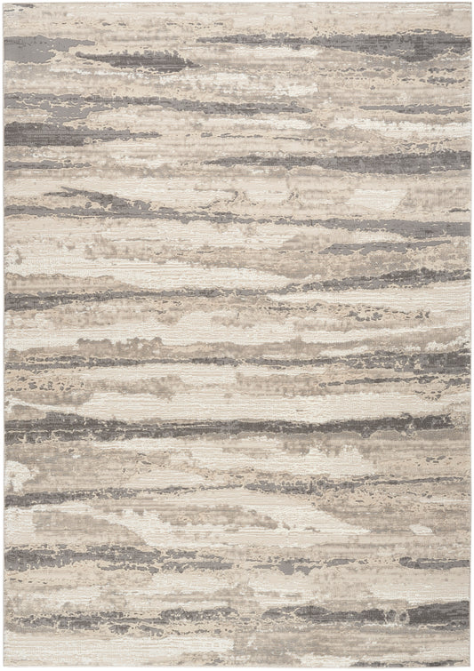 Neutral beige and gray abstract area rug with uneven horizontal brushstroke pattern; modern, soft pile.
